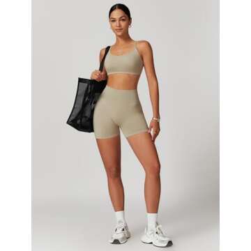 ABOCIW Workout Sets for Women Seamless High Waist Scrunch Butt Lifting Gym Impact Shorts Scoop Neck Strappy Sports Bra 2 Piece Yoga Outfits Tan Medium