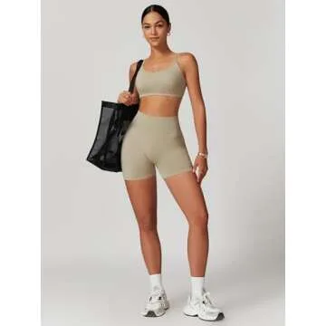 ABOCIW Workout Sets for Women Seamless High Waist Scrunch Butt Lifting Gym Impact Shorts Scoop Neck Strappy Sports Bra 2 Piece Yoga Outfits Tan Medium
