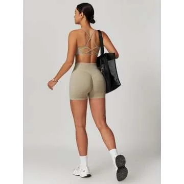 ABOCIW Workout Sets for Women Seamless High Waist Scrunch Butt Lifting Gym Impact Shorts Scoop Neck Strappy Sports Bra 2 Piece Yoga Outfits Tan Medium