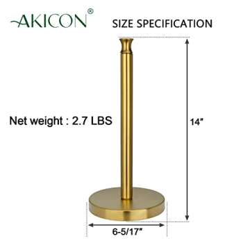 Akicon Paper Towel Holder Stand for Kitchen Countertop & Dining Room Table (Brushed Gold Brass Paper Towel Holder Stand, Modern)