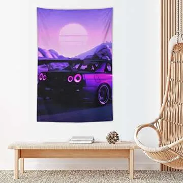 QLAZO Skyline R34 80er JDM Car Tapestry Tapestry Wall Hanging Curtain Decor Bedroom Home Living Room Wall Art Tapestries 40"x60"