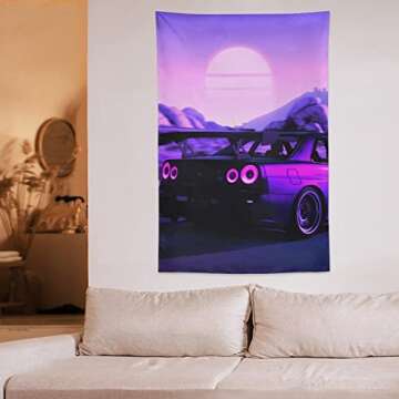 QLAZO Skyline R34 80er JDM Car Tapestry Tapestry Wall Hanging Curtain Decor Bedroom Home Living Room Wall Art Tapestries 40"x60"