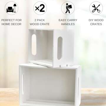 Hampton Art Good Wood Wood Crate, White, 2 pc, Finished Wood, 9"/7" - Decorative Nesting Small Wooden Crates for Storage, Display Wooden Crate, Decor, Boxes, Stackable Basket for Decoration