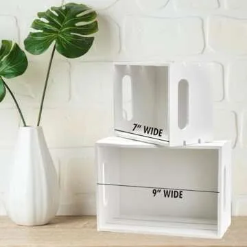 Hampton Art Good Wood Wood Crate, White, 2 pc, Finished Wood, 9"/7" - Decorative Nesting Small Wooden Crates for Storage, Display Wooden Crate, Decor, Boxes, Stackable Basket for Decoration