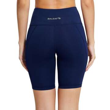 BALEAF Biker Shorts Women Yoga Gym Workout Spandex Running Volleyball Tummy Control Compression with Pockets 8" Navy Blue S
