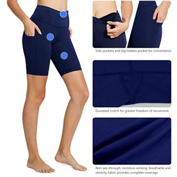 BALEAF Biker Shorts Women Yoga Gym Workout Spandex Running Volleyball Tummy Control Compression with Pockets 8" Navy Blue S