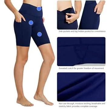BALEAF Biker Shorts Women Yoga Gym Workout Spandex Running Volleyball Tummy Control Compression with Pockets 8" Navy Blue S