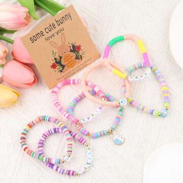 7Pcs Easter Bunny Basket Gifts Bracelet, Easter Gifts for Girls Women Stackable Boho Clay Party Elas...