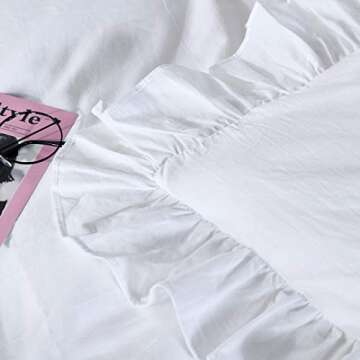 QSH Washed Cotton Ruffled King Duvet Cover Set,Vintage White Shabby Boho Chic Ruffle Farmhouse Beddi...