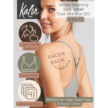 Kalon Women’s 4 Pack Racerback Sports Bralette Seamless Wireless Comfort Bra (Medium, Earth)
