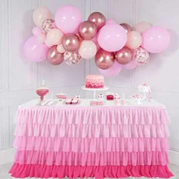 Besutolife Pink Table Skirt Tutu Ruffled Tablecloth for Rectangle Table 6ft Baby Shower Birthday Par...