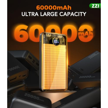 ZZI 60000mAh Portable Charger Power Bank with 3 in 1 USB Cable for Fast Charging