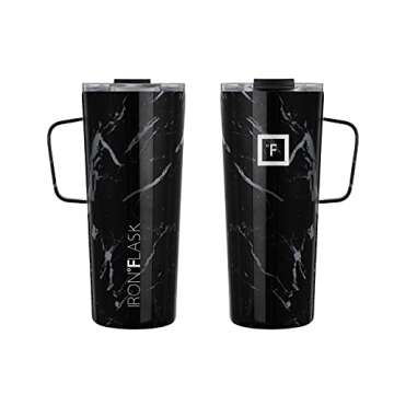 IRON °FLASK Grip Novelty Coffee Mug - Leak Proof, Vacuum Insulated Stainless Steel Bottle, Double Walled, Thermo Travel, Hot Cold, Water Metal Canteen - Black Marquina, 24 Oz - Classic Bottom