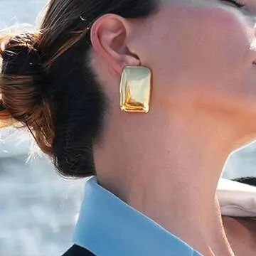 OWNCOOL Chunky Gold Rectangle Stud Earrings for Women Statement Earrings Minimalist Earrings Trendy ...
