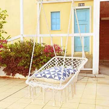 X-cosrack Hammock Chair Macrame Swing - Square Ergonomic Comfortable, Handmade Cotton Rope, Collapsible for Patio, Deck, Yard, Indoor Bedroom Garden Balconies [US Patent]