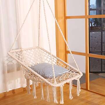 X-cosrack Hammock Chair Macrame Swing - Square Ergonomic Comfortable, Handmade Cotton Rope, Collapsible for Patio, Deck, Yard, Indoor Bedroom Garden Balconies [US Patent]
