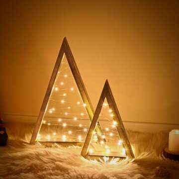 IBYO Wooden Christmas Tree Tabletop Christmas Tree with Lights Modern Farmhouse Christmas Decor Small Christmas Tree Mantle Christmas Decorations Holiday Decor Set of 2 (Large 14.3" Medium 10.2")