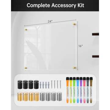 Clear Acrylic Dry-Erase Board 24x16 | Transparent Wall-Mount Writing Panel | Includes 8 Color Markers, Eraser, Standoff Screws & Install Kit | Ideal for Home & Office