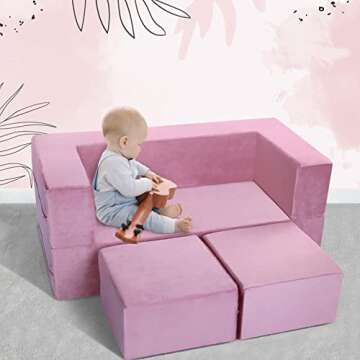 MeMoreCool Modular Kids Play Couch Sofa – Pink Convertible Toddler Couch for Endless Fun