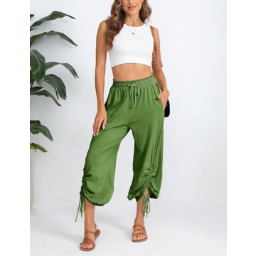 WEQULE Women's Casual Loose Pants High Waist Sweatpants Drawstring Wide Leg Capri Palazzo Pants Jogger Pants (Green-L)