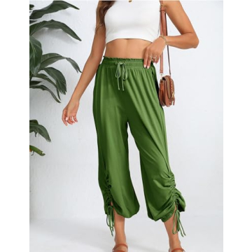 WEQULE Women's Casual Loose Pants High Waist Sweatpants Drawstring Wide Leg Capri Palazzo Pants Jogger Pants (Green-L)