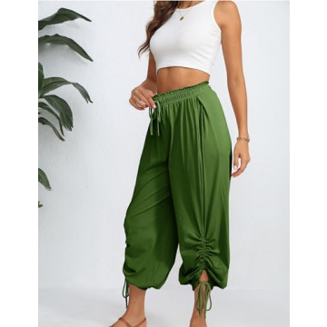 WEQULE Women's Casual Loose Pants High Waist Sweatpants Drawstring Wide Leg Capri Palazzo Pants Jogger Pants (Green-L)