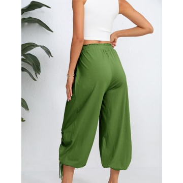 WEQULE Women's Casual Loose Pants High Waist Sweatpants Drawstring Wide Leg Capri Palazzo Pants Jogger Pants (Green-L)