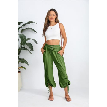 WEQULE Women's Casual Loose Pants High Waist Sweatpants Drawstring Wide Leg Capri Palazzo Pants Jogger Pants (Green-L)