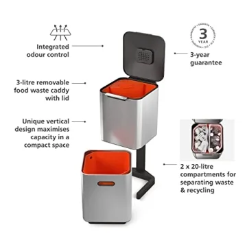 Joseph Joseph Totem Compact 40L Stylish Trash Can with Dual Bins