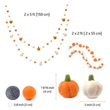 Glaciart One Felt Balls + Pumpkin Garland 2 Pcs - Easy to Hang Halloween Party Banner Decoration - Fall Décor, 100% New Zealand Wool, Hand-Felted in Nepal - 5' Long, 18 Pom Poms, 5 Pumpkins Ornaments