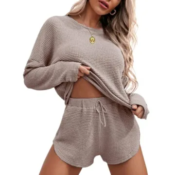Ekouaer Womens Waffle Knit Pajama Sets Long Sleeve Top and Shorts Matching Lounge Set Sleepwear Loun...
