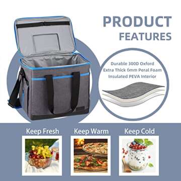 Vuudh Collapsible Cooler Bag Insulated, 50 Can Insulated Lunch Bag for Men Women, Large Leakproof Soft Sided Portable Cooler Bag for Outdoor Travel Beach Picnic Camping BBQ Party（Grey）