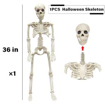 36" Skeleton Halloween Decorations, 3FT Realistic Full Body Movable Posable Joints Skeleton, Creepy Halloween Plastic Skeleton for Graveyard Decorations, Haunted House Props Indoor/Outdoor Decor