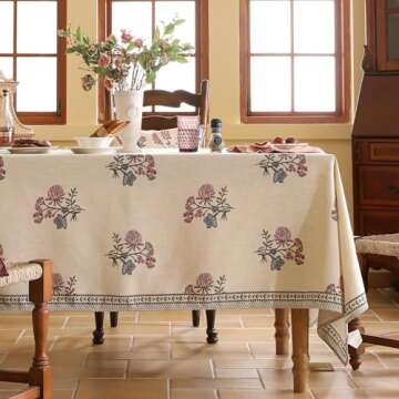 ISAENNE French Tablecloth for Rectangular Tables,Linen Table Cloth with Colorful Flowers Pattern,Hea...