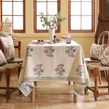 ISAENNE French Tablecloth for Rectangular Tables,Linen Table Cloth with Colorful Flowers Pattern,Heavy Durable Table Cover for Dining Thanksgiving Kitchen Decor Party Banquet Christmas,55"*87"