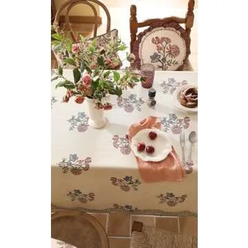 ISAENNE French Tablecloth for Rectangular Tables,Linen Table Cloth with Colorful Flowers Pattern,Heavy Durable Table Cover for Dining Thanksgiving Kitchen Decor Party Banquet Christmas,55"*87"