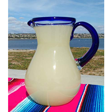 Cobalt Blue Rim Mexican Hand Blown Glass Pitcher 84 oz
