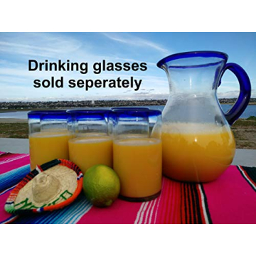 Cobalt Blue Rim Mexican Hand Blown Glass Pitcher 84 oz