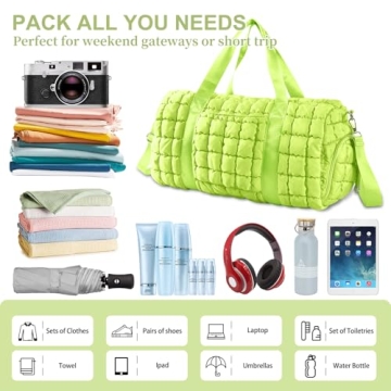 Quilted Travel Duffle Bag Gym Bag for Women,Large Puffer Duffle Weekender Bag with Compartment,Workout Overnight Carry on Organizer Bag Duffle Bag for Airplane Travel(Green)