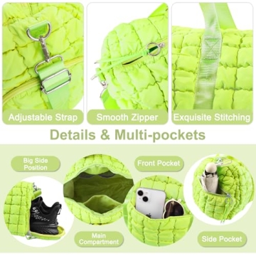 Quilted Travel Duffle Bag Gym Bag for Women,Large Puffer Duffle Weekender Bag with Compartment,Workout Overnight Carry on Organizer Bag Duffle Bag for Airplane Travel(Green)
