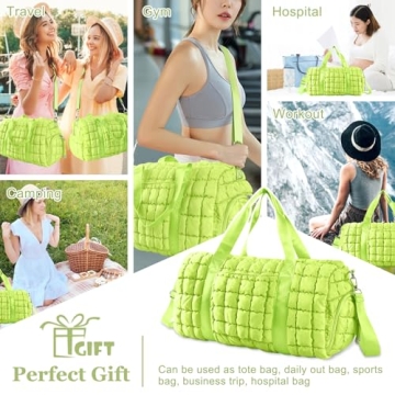 Quilted Travel Duffle Bag Gym Bag for Women,Large Puffer Duffle Weekender Bag with Compartment,Workout Overnight Carry on Organizer Bag Duffle Bag for Airplane Travel(Green)
