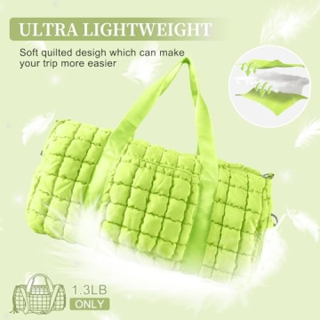 Quilted Travel Duffle Bag Gym Bag for Women,Large Puffer Duffle Weekender Bag with Compartment,Workout Overnight Carry on Organizer Bag Duffle Bag for Airplane Travel(Green)