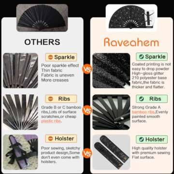Raveahem Glitter Large Rave Folding Clack Hand Fan with holster for men/women Handheld Fan for EDM,Festival,Club,Party,Dance (Blk)