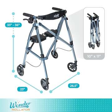 Stander Wonder Rollator, Lightweight Folding Space Saver Mobility Rolling Walker for Seniors and Adults, 6-inch Wheels, Locking Brakes, and Padded Seat with Backrest, Cobalt Blue