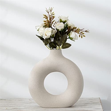 DHYXZCA White Circle Ceramic Vase for Decor, Circular Matte Hollow Donut Flower Vases Decorative Min...