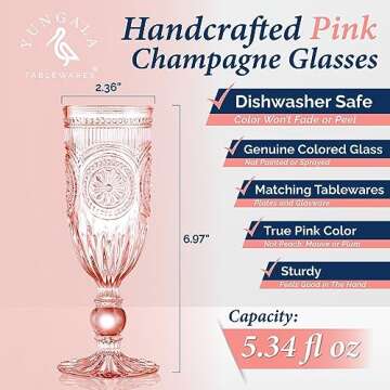 Yungala Pink Champagne Glasses set of 6 pink champagne flutes 100% dishwasher safe true pink glasswa...