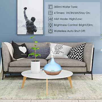 Aromatherapy Essential Oil Diffuser, URPOWER 300ml Wood Grain Ultrasonic Cool Mist Whisper-Quiet Humidifier with Night Light & 4 Timer Settings, Waterless Auto Shut-Off for Home Office Yoga Spa