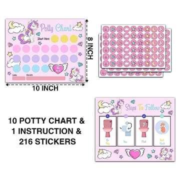 Rainbow Unicorn Potty Trainning Sticker Chart for Toddlers Boys Girls, 10 Potty Training Chart with 216 Stickers & 1 Routine Card - A21