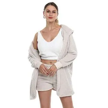 VNVNE Women's Sexy Fuzzy Warm Sherpa Fleece 3-Piece Outfit with Coat & Shorts