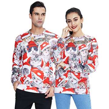 RAISEVERN Unisex Cute Ugly Christmas Cat Red Santa Hat Print Pullover Sweater Sweatshirt for Women Men, 2017 Style Christmas Cat 4, XX-Large